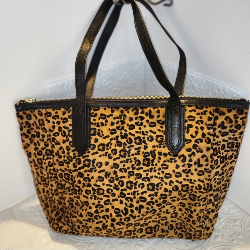 Fossil Leather & Calf Hair Leopard Print Shoulder Tote Bag (EUC)